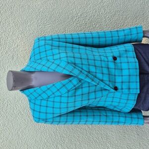 7 Collection Ladies Blue Plaid Double Breasted Vintage Blazer